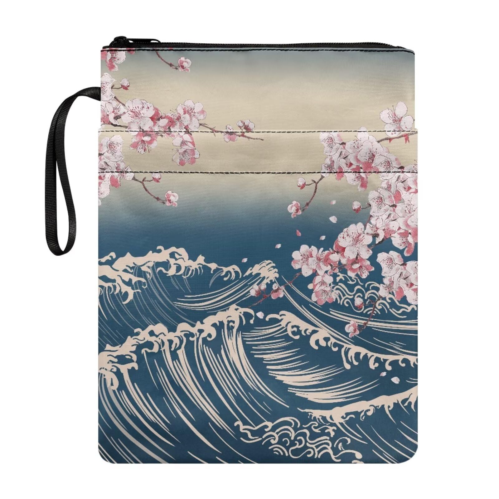 Poceacles Book Sleeve with Pockets Washable Fabric Paperback Book Cover Pouch Protector with Zipper for Hardcover Textbook, 29 x 22 cm, Japanese Sea Wave Plum Blossom โ image 1