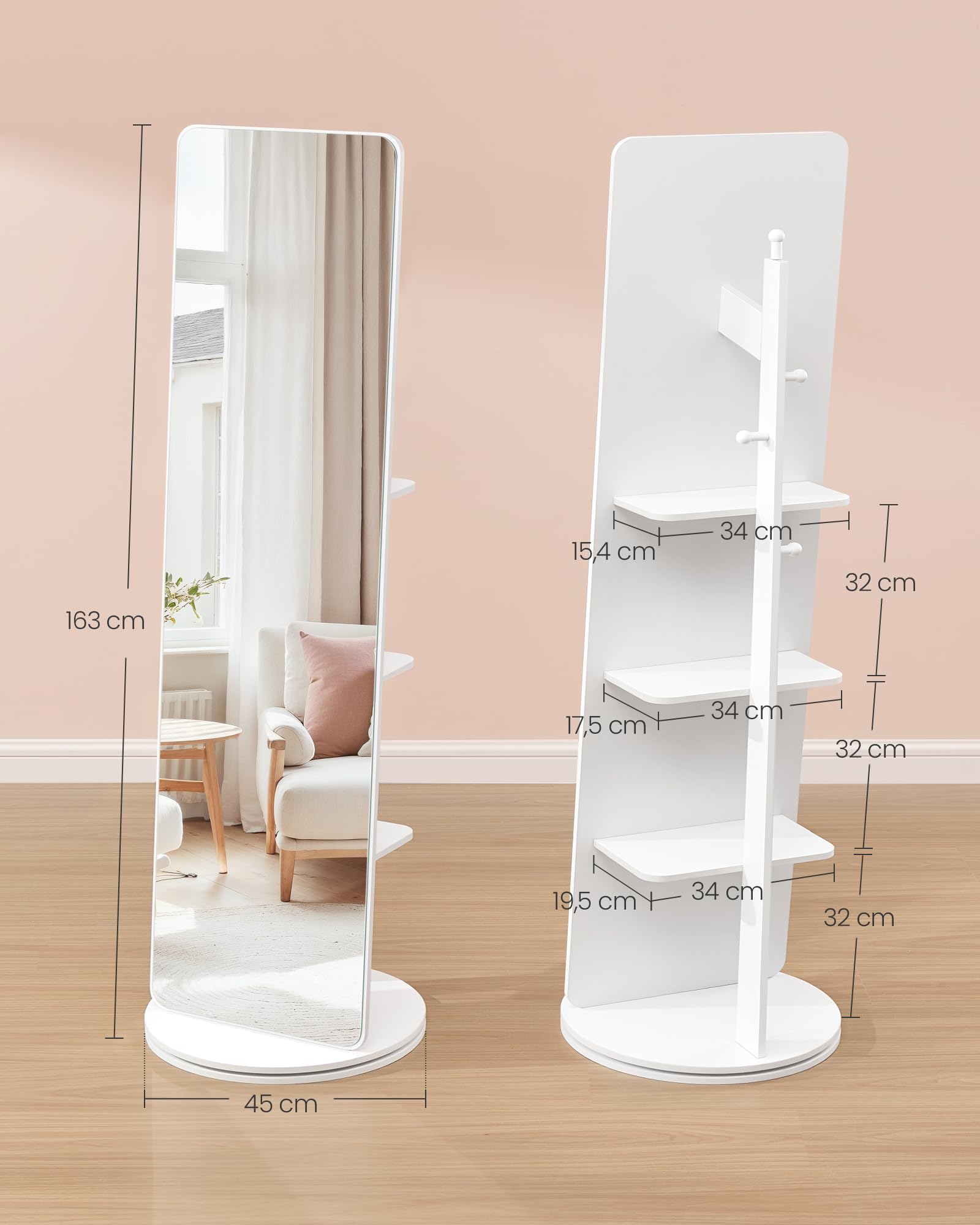 SONGMICS Lustro pełnowymiarowe, stojące, obrotowe 360°, 163 x 45 cm, z podstawą, półkami i haczykami, przezroczyste szkło hartowane, do sypialni, salonu, na Boże Narodzenie, białe chmurki LFM036W01