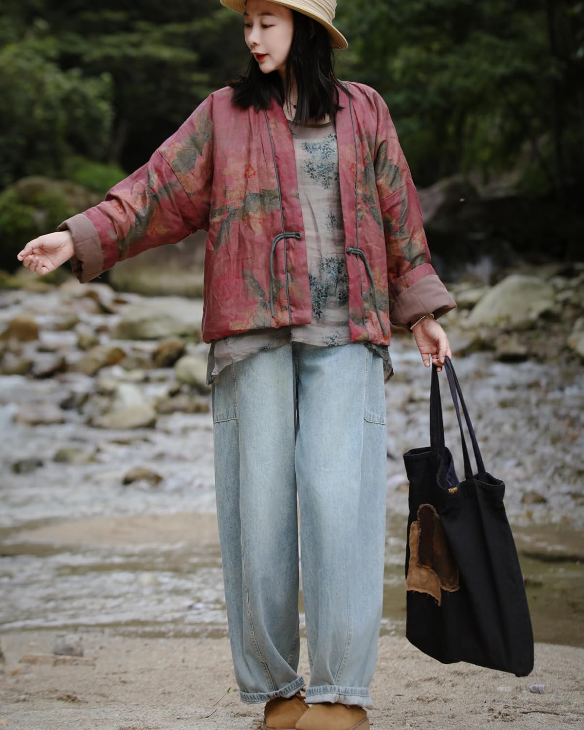 LUZU JUNU Women's Floral Printed Short Quilted Jacket Open Front V-Neck Shawl Collar Drop Shoulder Vintage Outwear - Image 3