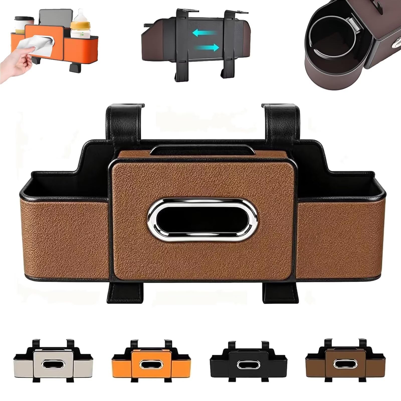 Boîte de rangement de siège de voiture chic en cuir marron avec porte-mouchoirs
