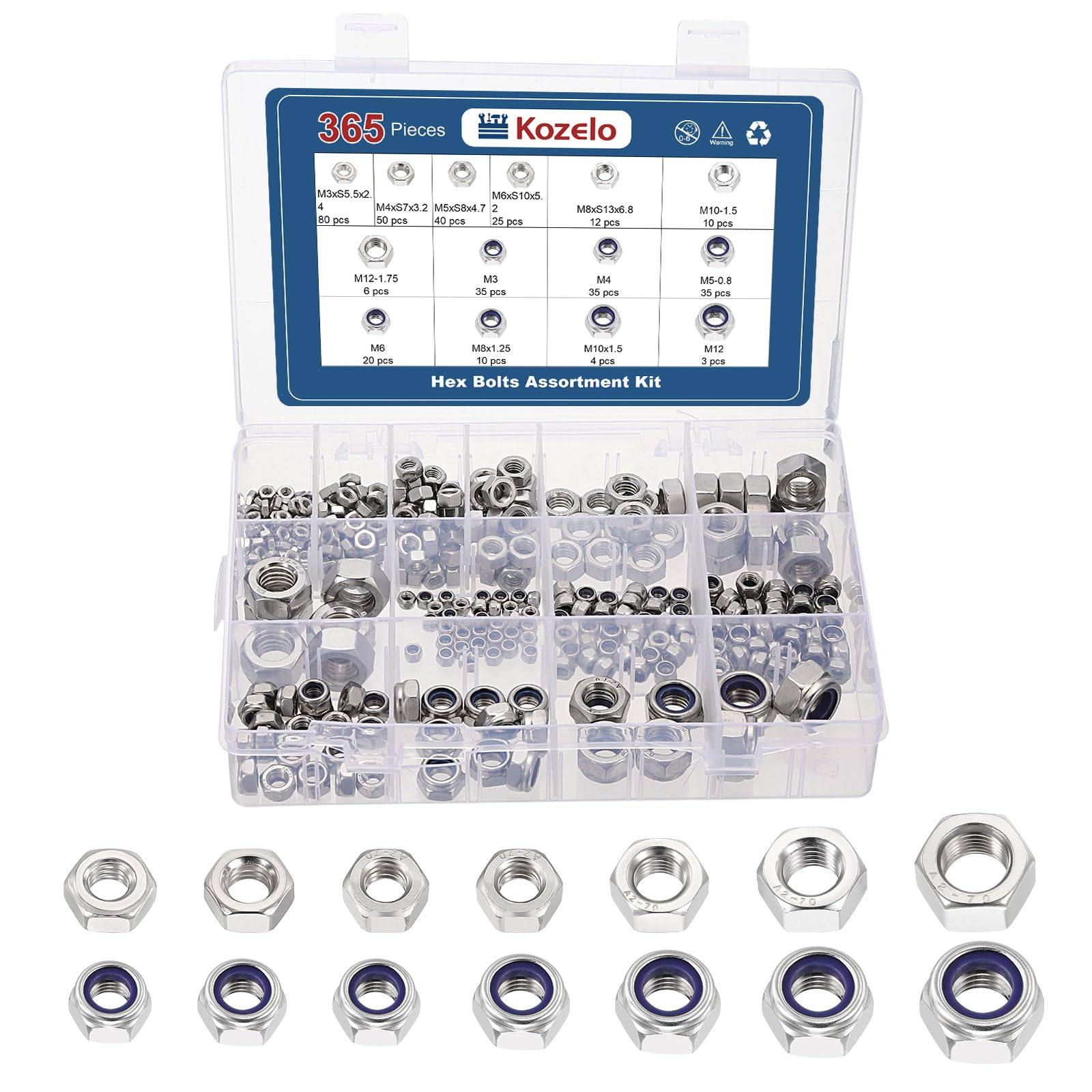 Kozelo 365pcs[M3 M4 M5 M6 M8 M10 M12]Hex Nuts Assortment Kit SS304
