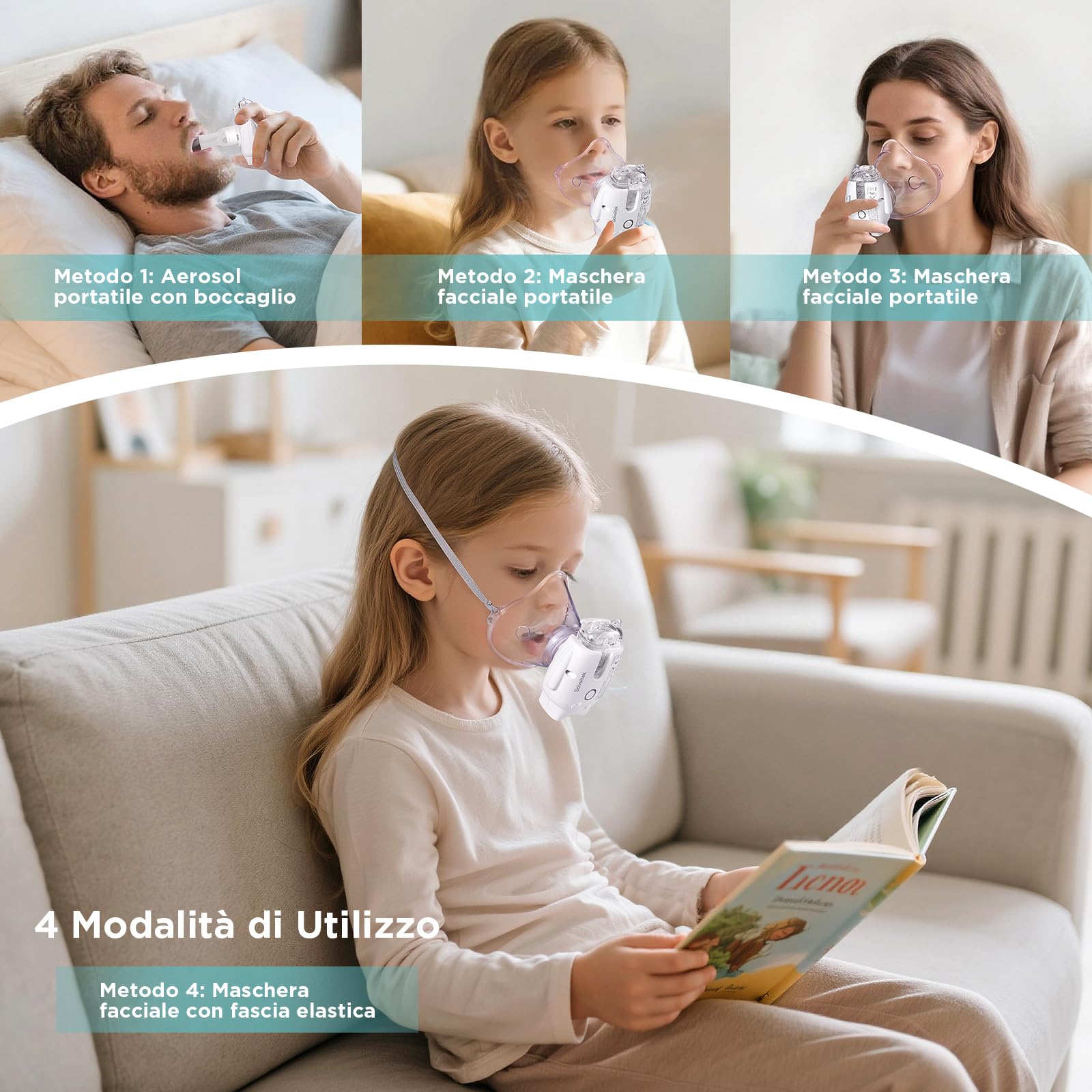 Aerosol Portatile Silenzioso per Adulti e Bambini, Macchina Aerosol Ultrasuoni con Pulizia Automatica, Nebbia Fine 1–5 µm, USB-C Ricaricabile, Kit con 2 Maschere e Boccaglio, Ideale per Casa e Viaggio