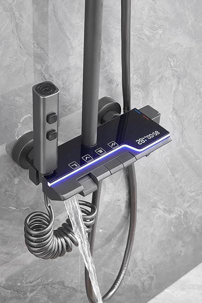 ARAMO Shower Set - Stream with Hydropowered LED Light + Digital Display & 4 Water Functions (Gun Metal Grey)