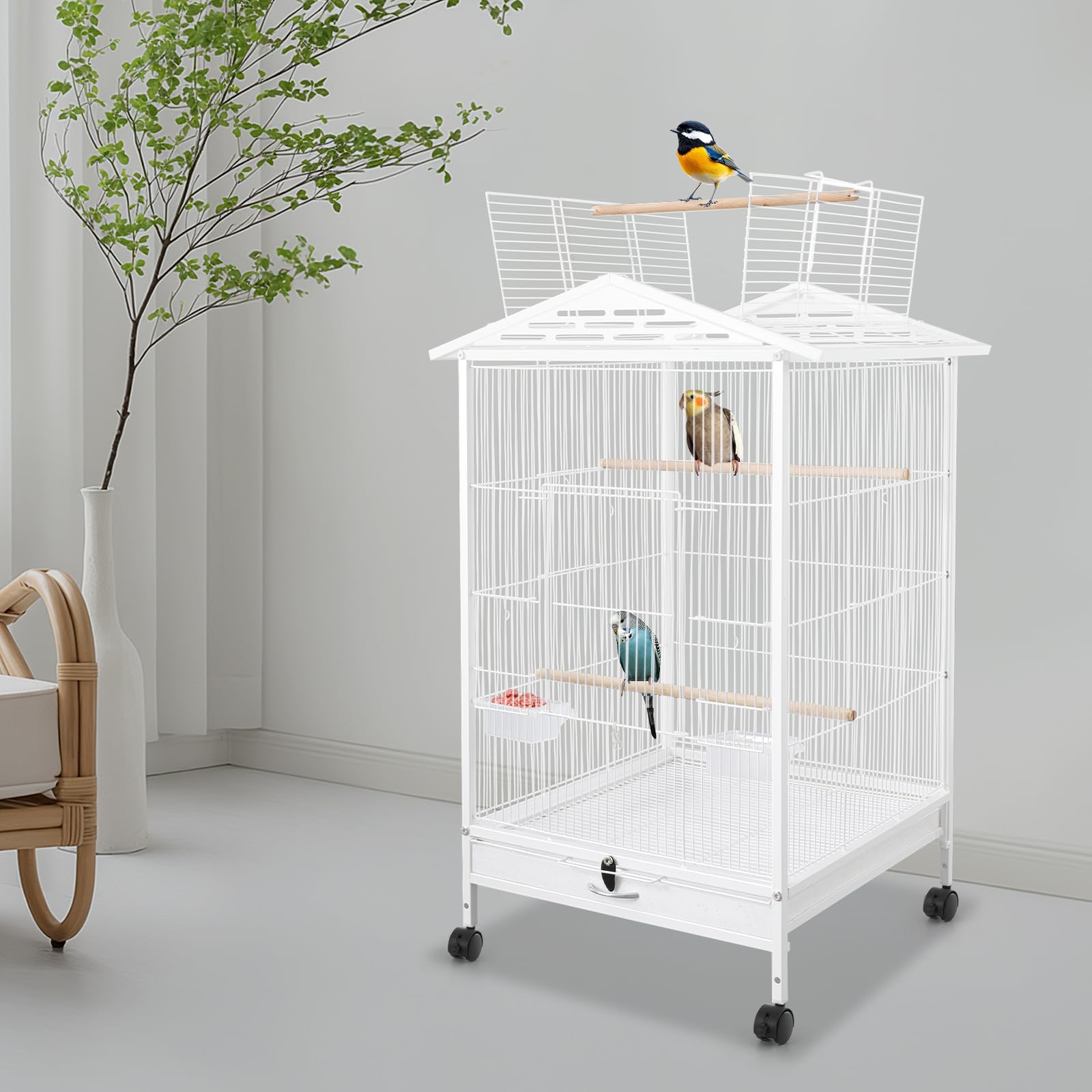 Jaula de metal para pájaros, color blanco, 46 x 46 x 86 cm, con 4 ruedas universales (2 con frenos), techo abierto, bandeja extensible, 3 perchas y comedero/bebedero