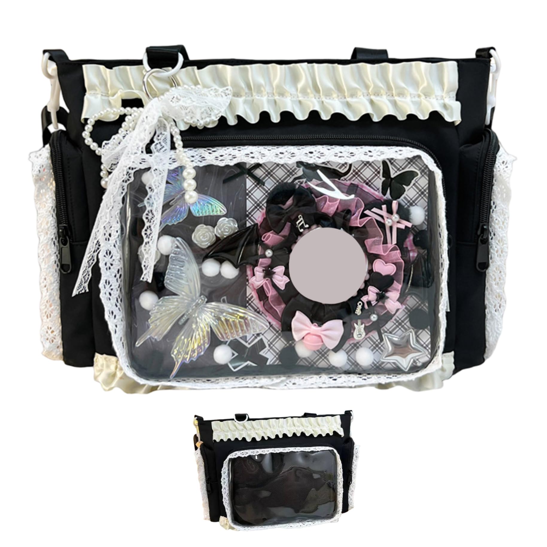 Ameble Ita Bag, Kawaii Lace Ruffle Nylon Japanese Pin Bag with Side & Front Clear Display Adjustable Straps Y2k Cute Messenger Handbag for Girls, Black Ita, Crossbody, Pin, Japanese School