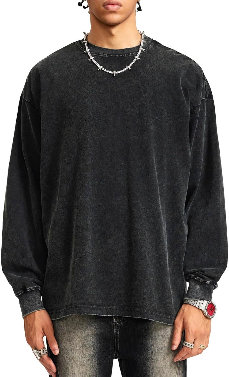 Flygo Mens Oversized Sweatshirts Athletic Acid Washed Cotton Crewneck Long Sleeve Shirts Vintage Unisex Tee Tops