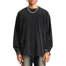 Flygo Mens Oversized Sweatshirts Athletic Acid Washed Cotton Crewneck Long Sleeve Shirts Vintage Unisex Tee Tops