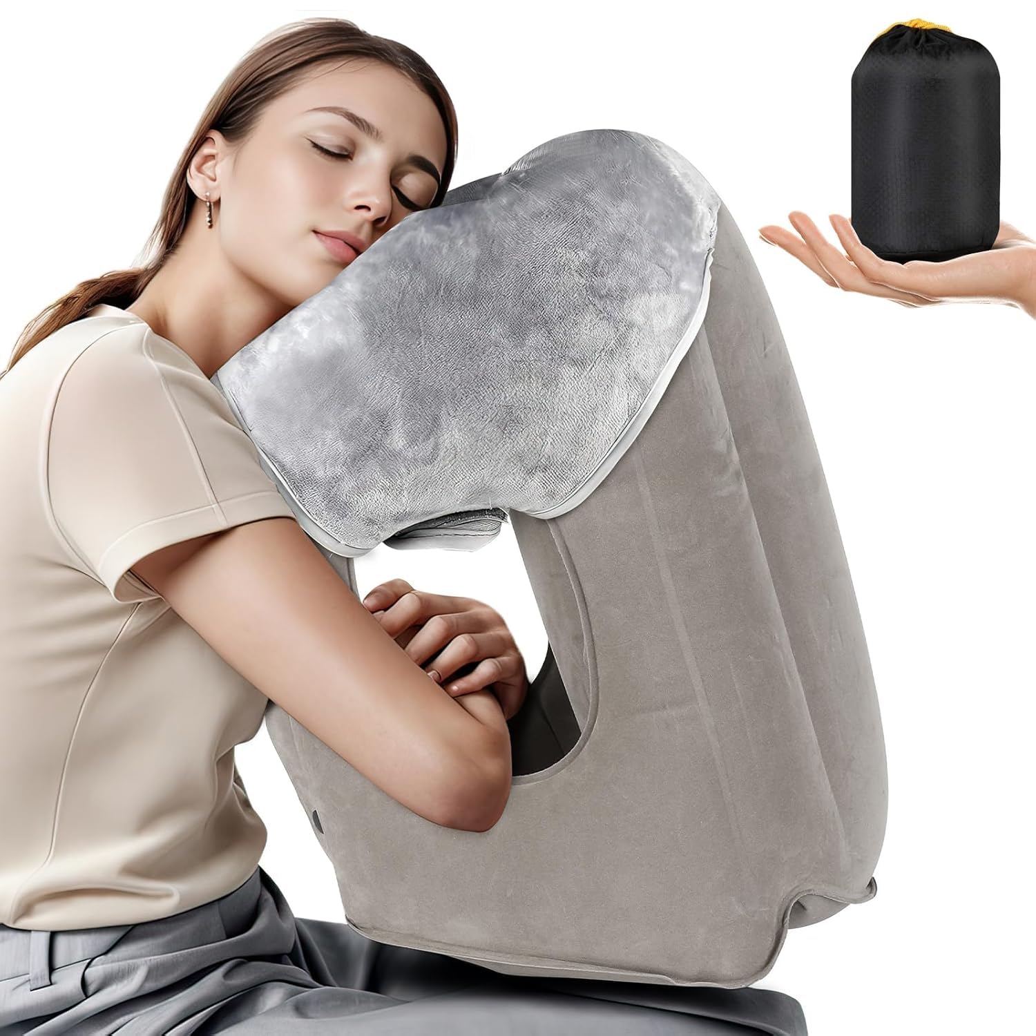 virza trade Inflatable Travel Pillow for Traveling, Travel Pillow with Storage Bag, Avoid Neck Shoulder Pain, Sleeping Cushion for Airplane Bus Car Train Office, Easy to Carry, (Cream)-picture-16