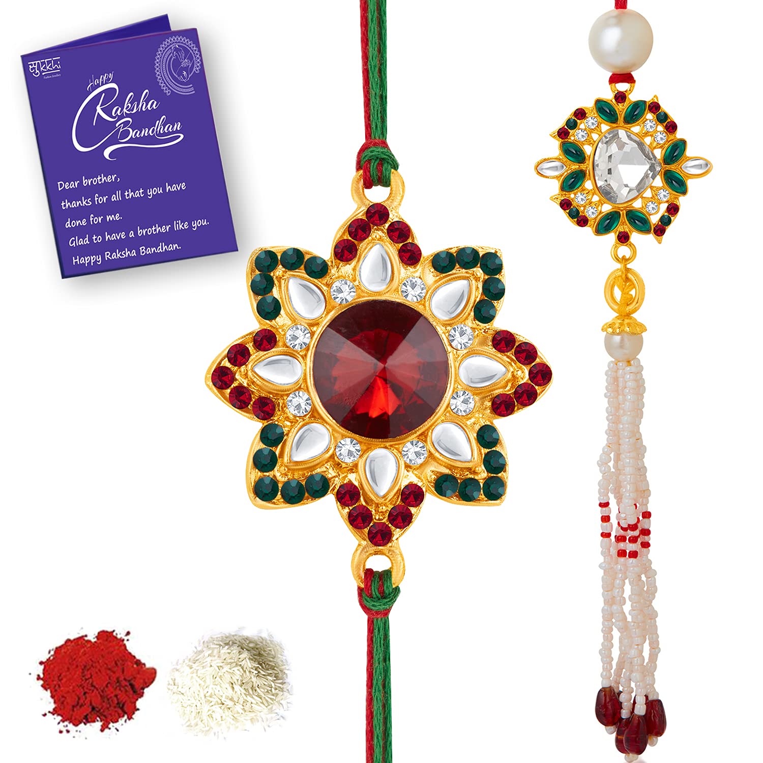Sukkhi Rakhi Kundan Designer Gold Plated Bhaiya Bhabhi Rakhi Lumba Set, Roli Chawal & Greeting Card|Rakhi for Bhaiya and Bhabhi|Rakhi Lumba Set|Lumba Rakhi|Rakhi for MEN|Kundan Rakhi |CBRAKL100066 (B0941395LJ) Amazon Price History, Amazon Price Tracker