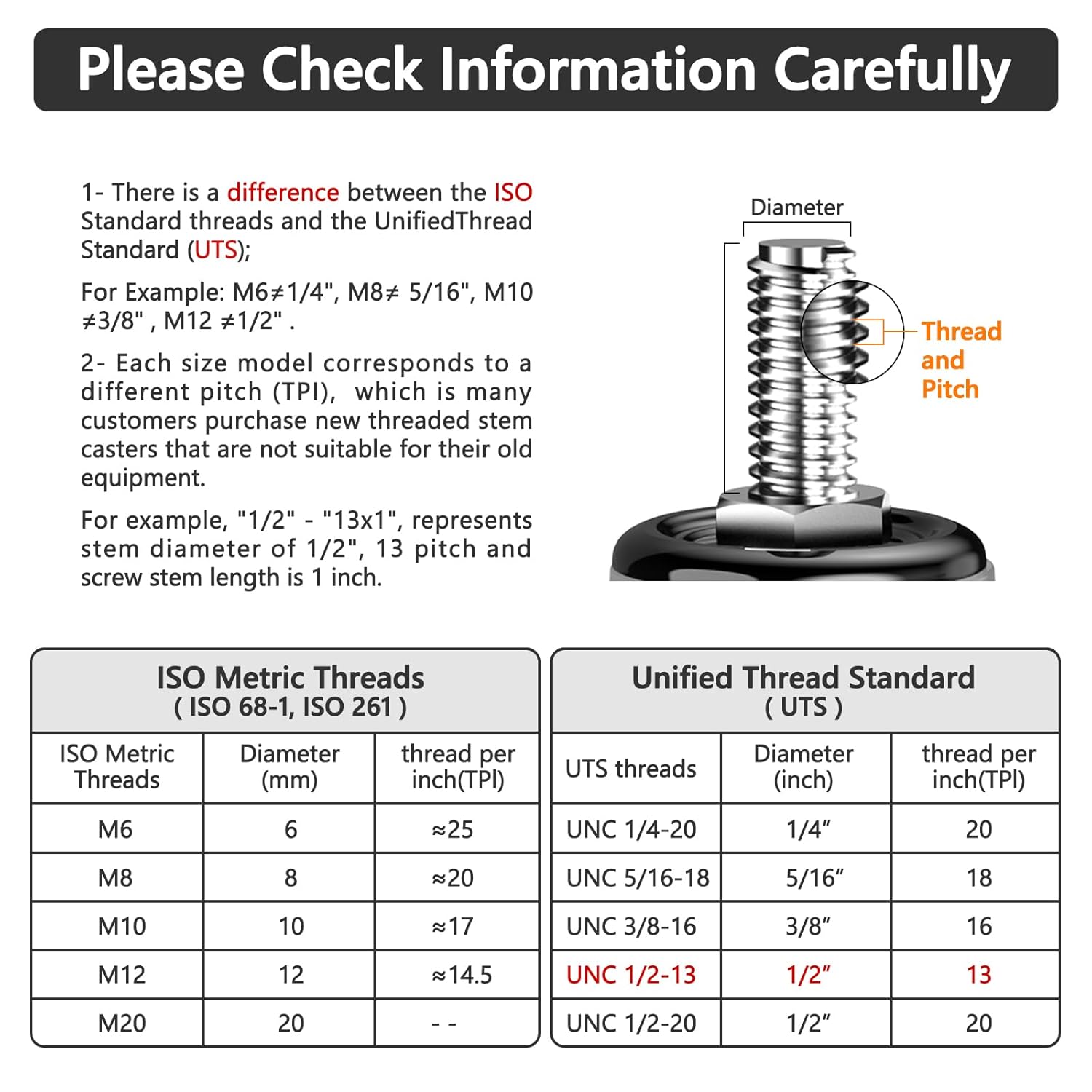 5 inch Heavy Duty Casters, Stem Casters 2400lbs, 1/2"-13 x 1(Stem Diameter 1/2", Stem Length 1"), Threaded Stem Caster Wheels Set of 4, Locking Swivel Casters Black