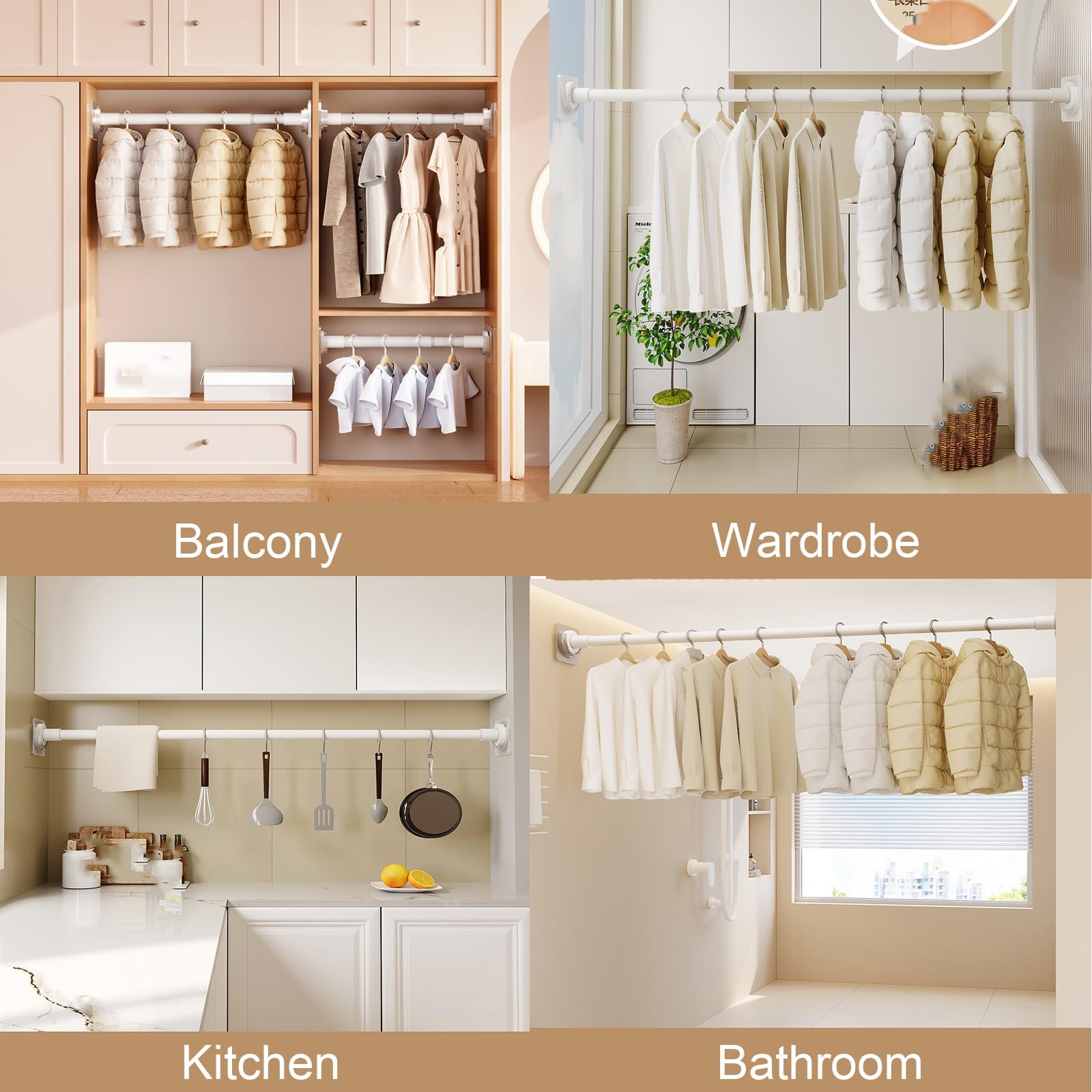 Tringle Rideau à Tension Adhésive, Barre Rideau de Douche à Fixation Murale, Acier Carbone, Sans Perçage pour Bain Cuisine Placard Balcon(White,130-220cm/51-86in)