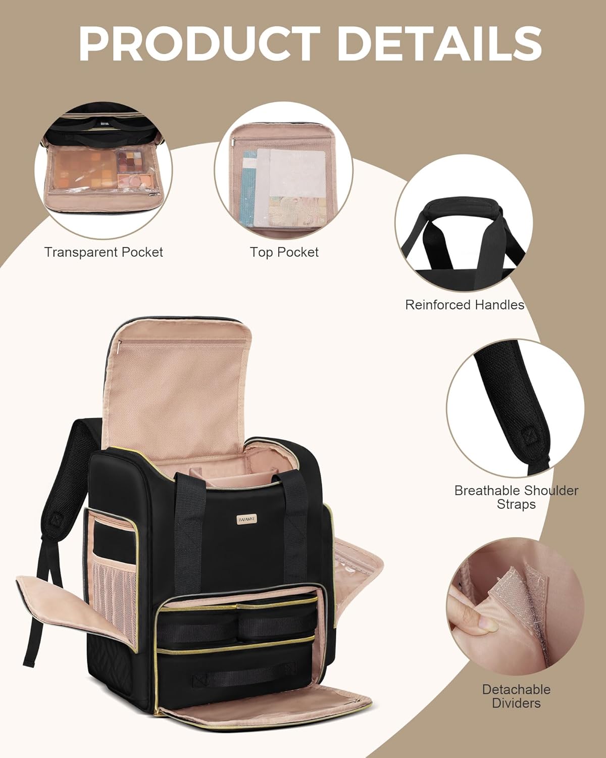 Large Travel Makeup Bag with 2 Removable Case, Dual-Shoulder Multi-Functional Cosmetic Bag,Double Layer Big Capacity, Portable Toiletry and Skincare Storage Pouch Black - Image 4