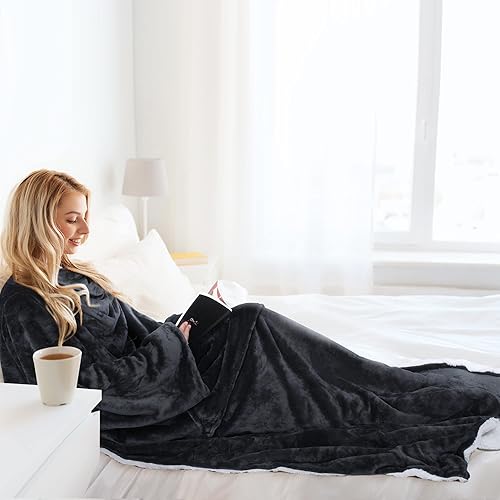 Miniatura 6 de Catalonia Classic Manta de forro polar Sherpa con mangas, súper suave, cálida y acogedora, manta portátil de viaje, regalo para mujeres, hombres y