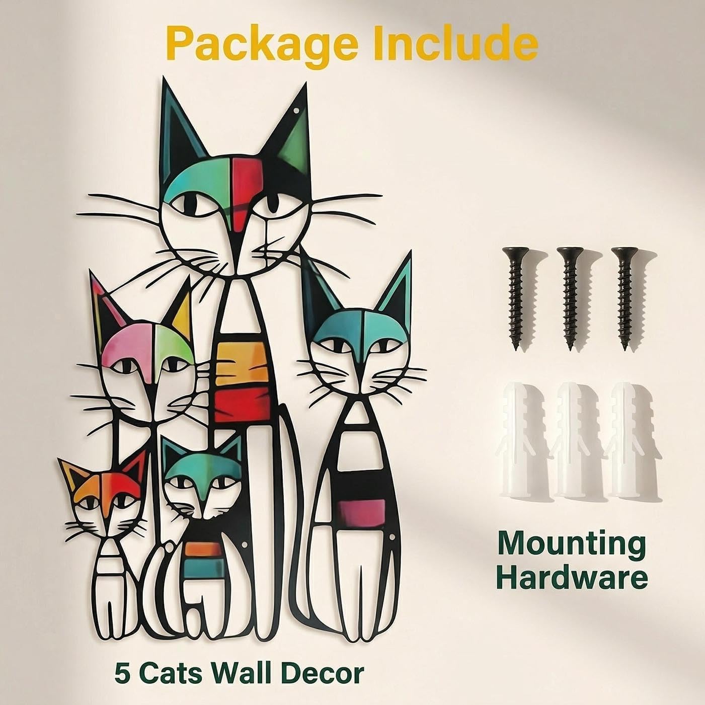 Cat Wall Art Metal, Mid Century Retro Cat Art Wall Decor, Colorful Gifts for Cat Lovers (10.6"x15.7")