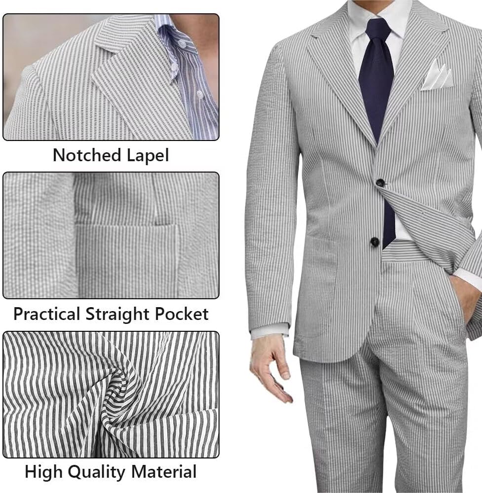 Men 2 Pieces Summer Seersucker Suits Beach Wedding Suits Grooms Slim Fit Striped Blazer - Image 3