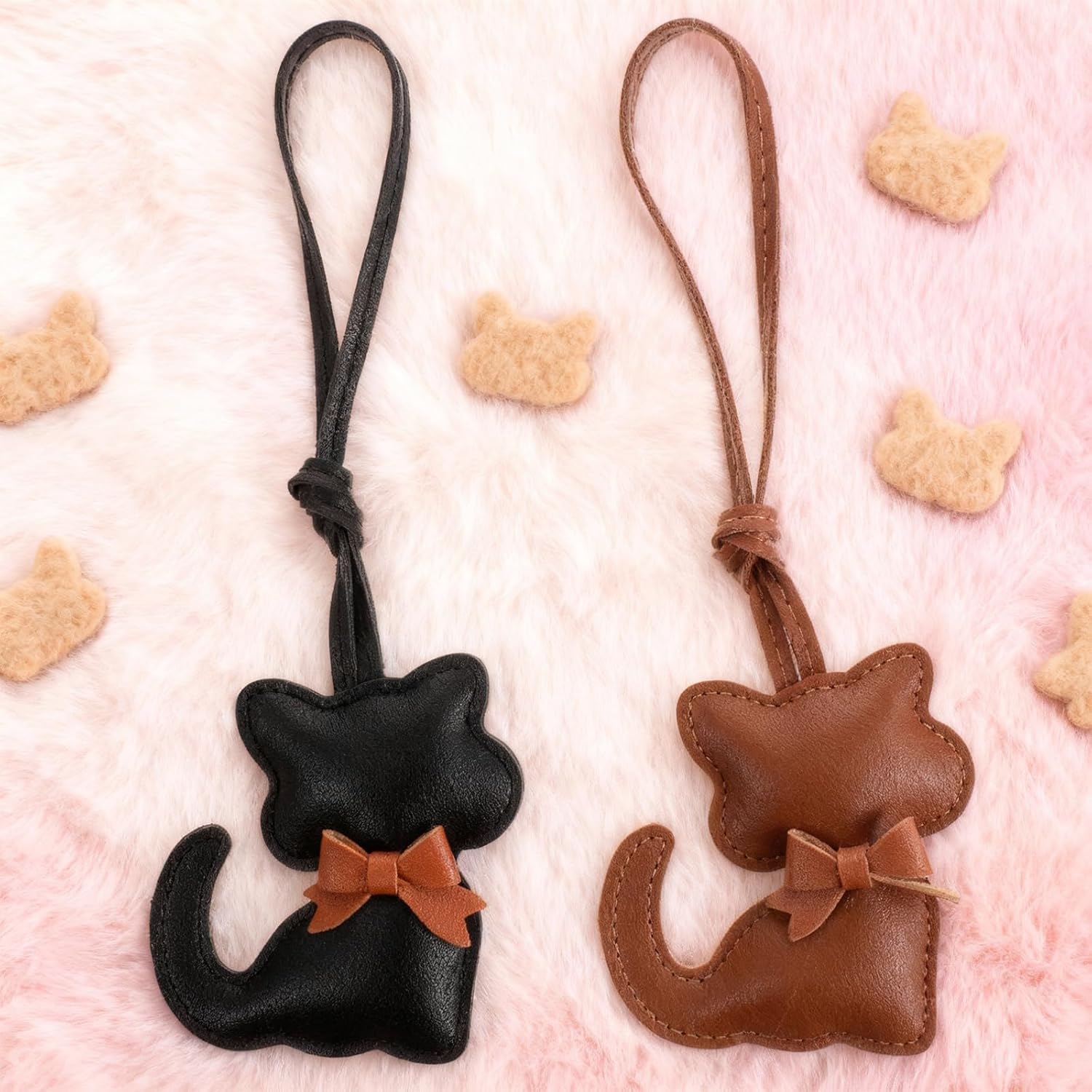 2Pcs Cat-Shaped Bag Charms Keychains Leather Cartoon Kitten Designs Backpack Decorations Supplies Stylish Women's Accessories for Handbags & Backpacks