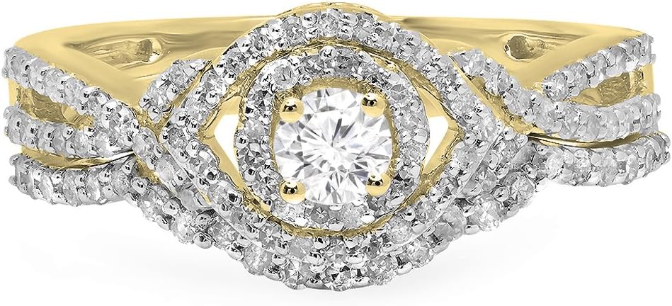 Dazzlingrock Collection 0.75 Ctw 14K Real Solid Gold White Natural Diamond Women Bridal Swirl Halo Split Shank Engagement Ring Set