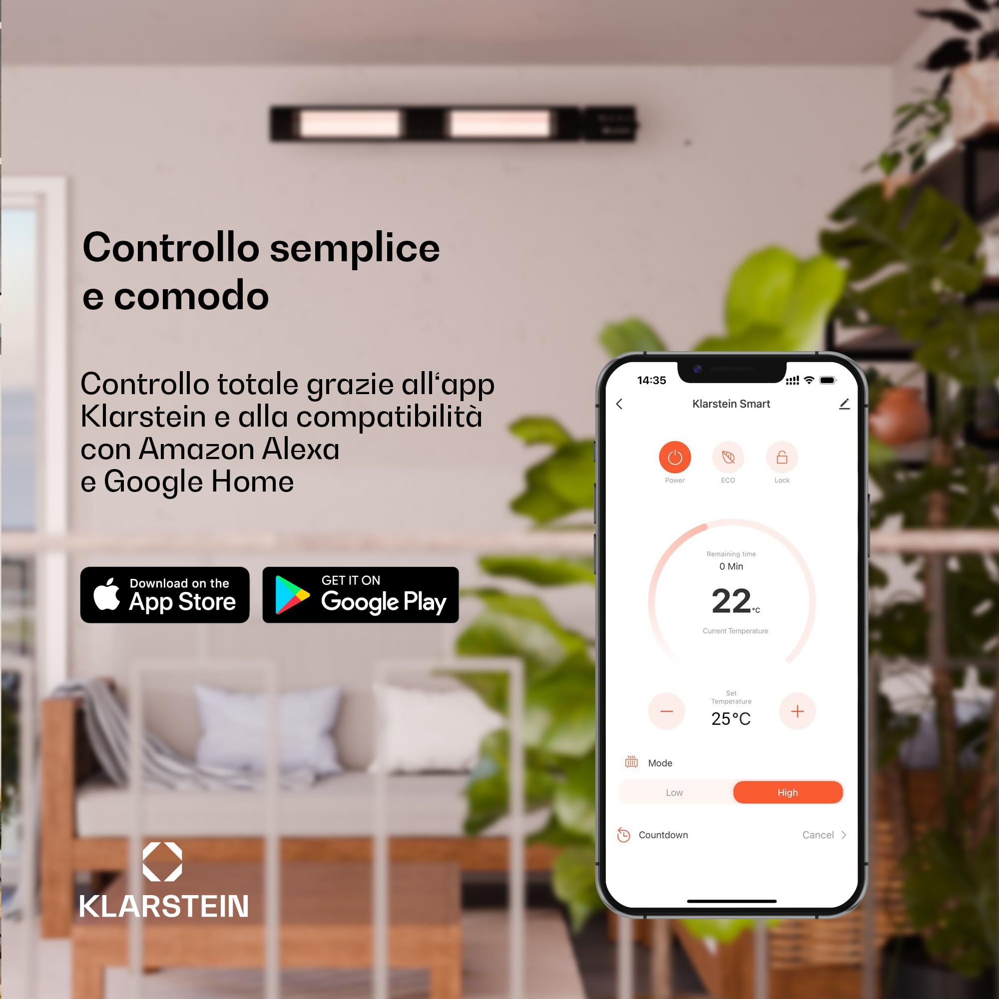 Klarstein Pannelli Radianti a Infrarossi 2000W – Da Parete, IP65, 9 Livelli, WiFi & App, Timer, Silenzioso, Riscaldamento a Infrarossi per Esterni 15m², Telecomando