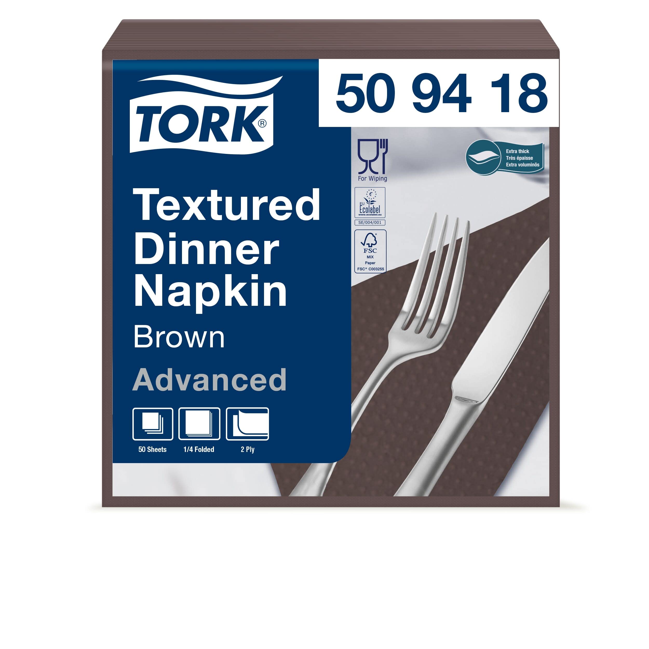 Tork 509418 - Dinner Servilleta de papel gofrado para cena, 2 capas, 18 paquetes x 50 unidades (900 servilletas), pliegue 1/4, 38 cm x 39 cm, color marrón
