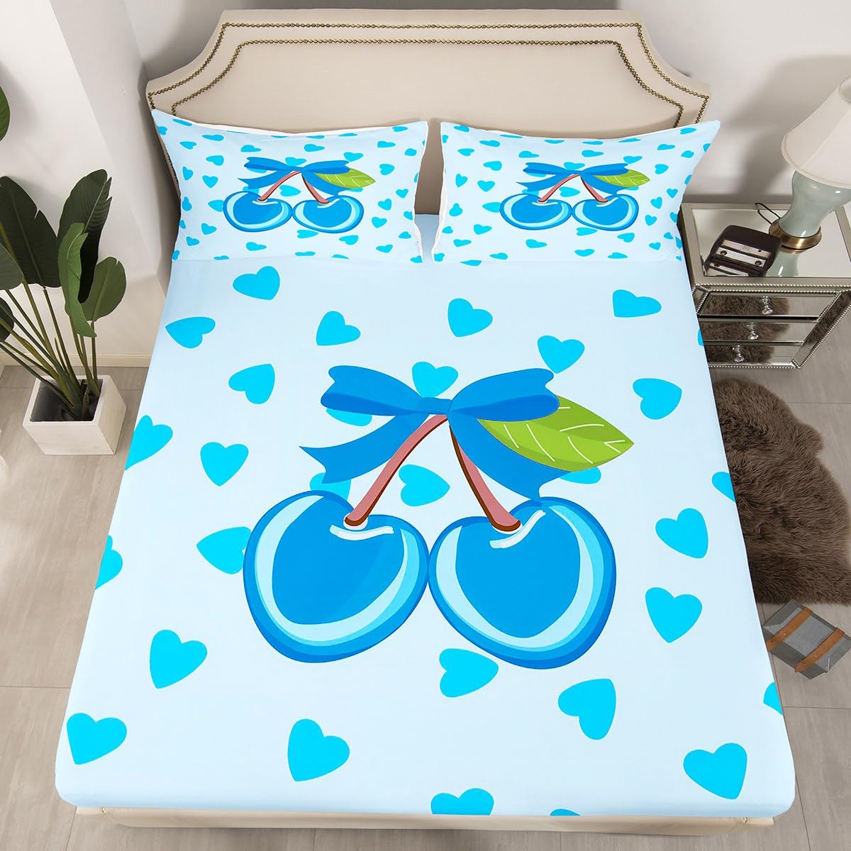 Kawaii Oriental Cherry Kids Fitted Sheet Twin Size Girls Princess Bed Sheet Set for Boys Girls Teens Bedroom Decor Hearts Bedding Set Cute Fruit Breathable Soft Lightweight Microfiber 2Pcs