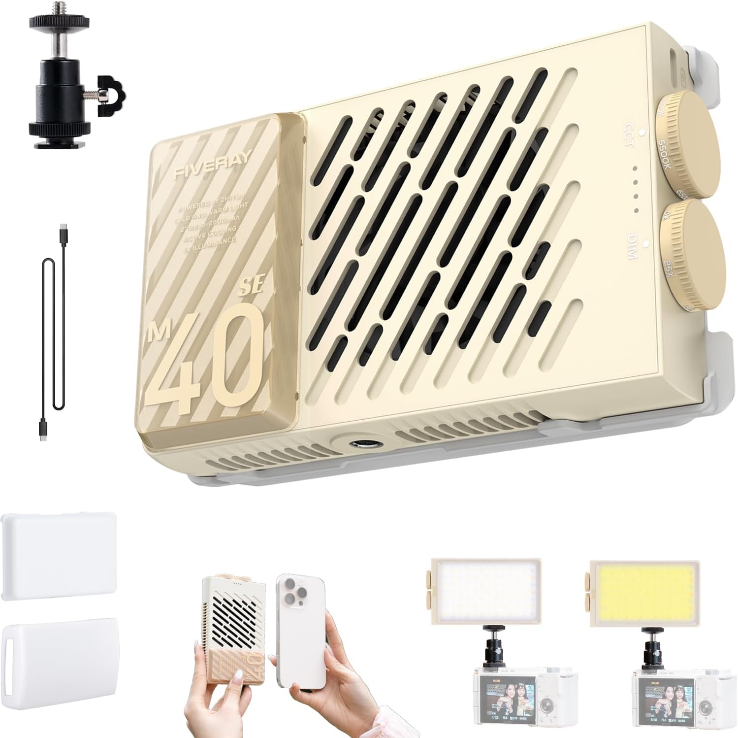 ZHIYUN FIVERAY M40 SE Combo 40W Bi-Color Video Light, 250g Portable Camera Light 17100 Lux 2700K-8500K CRI 95 TLCI 97+ LED Panel DSLR Photography Lighting for YouTube, TikTok