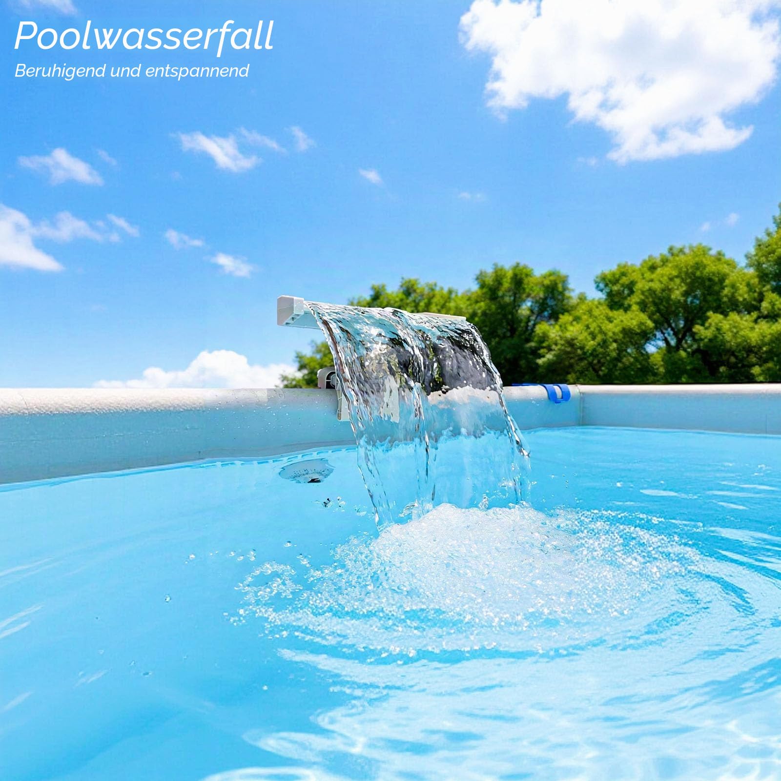 Pool-Wasserfall mit beruhigendem weißem Rauschen für Aufstellpools, betrieben durch Filterpumpe