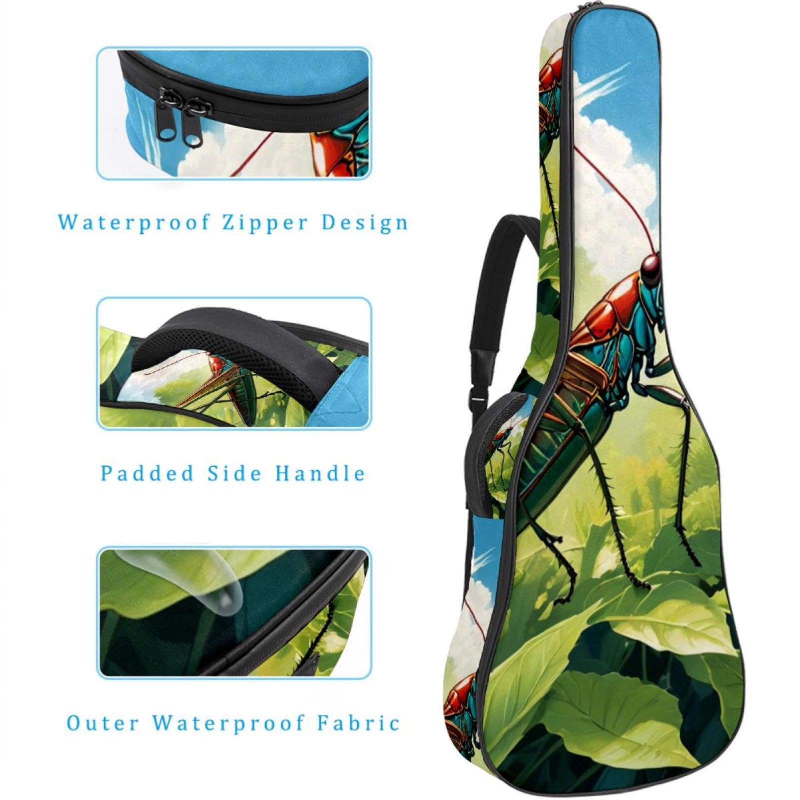 Tasche für Akustikgitarre, groß, schöne Gitarrenkoffer, passend für 40/41/42 Zoll, wasserdichte Gitarren-Gigbag mit schützender Schwammschicht, süßes Cricket, mehrfarbig, 42.9x16.9x4.7 in,