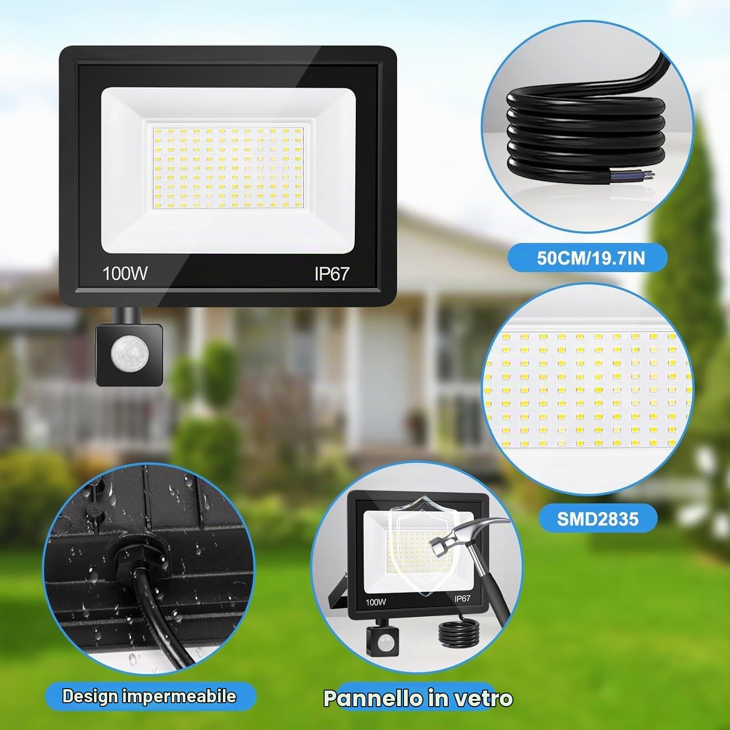 Faretto LED da Esterno 100W 10000LM 7000K con Sensore di Movimento, IP67 Impermeabile Super Luminoso Bianco Freddo Luce di Sicurezza per Garage, Cortile, Patio