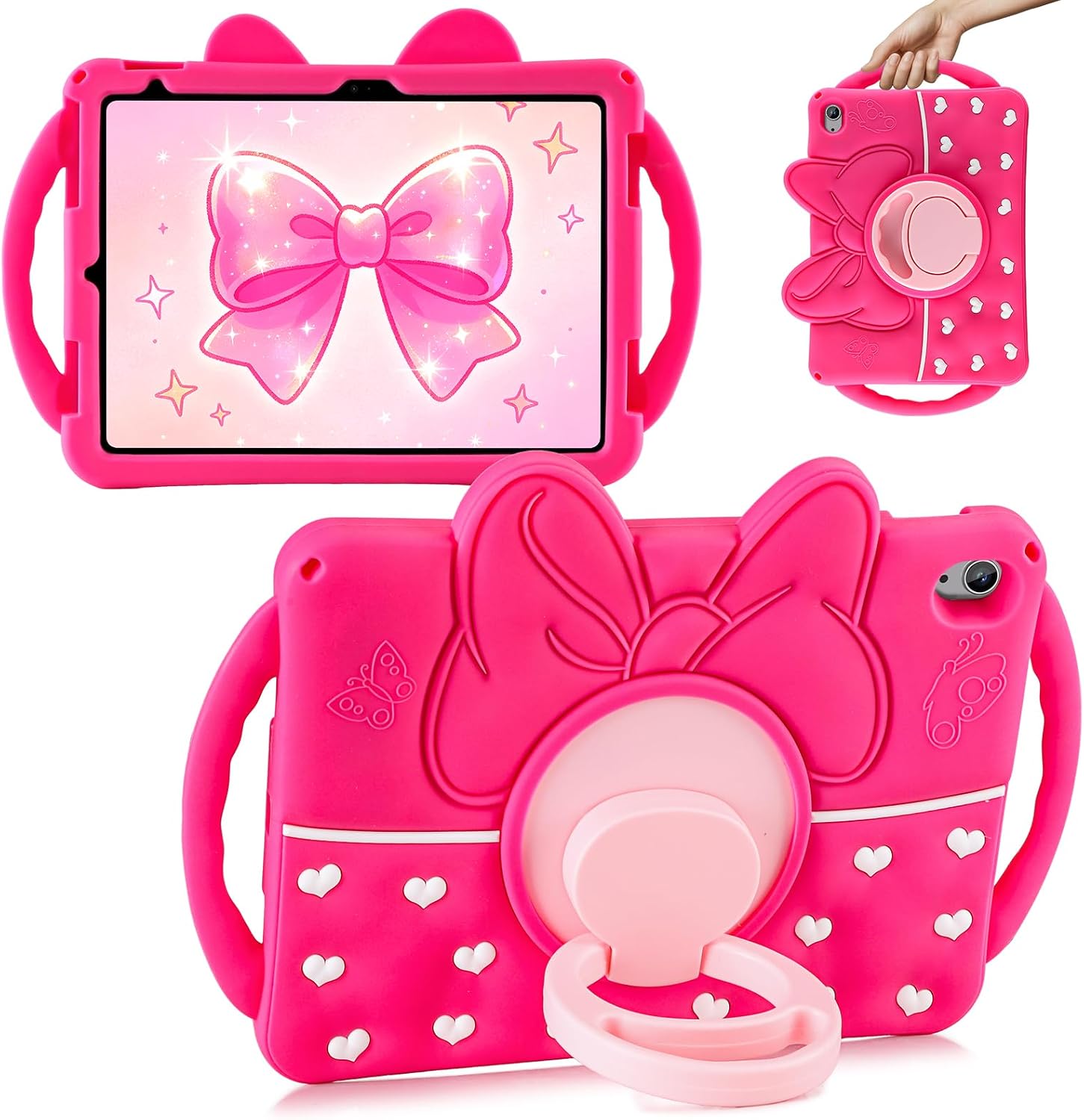 for iPad A16 Case 11 Inch 2025 iPad 10th Generation Case 10.9 Inch 2022 Kids Case with 360° Rotating Stand Handle Cute Bow Heart Silicone Cover iPad 11th Generation Case for Girls Teen Rose