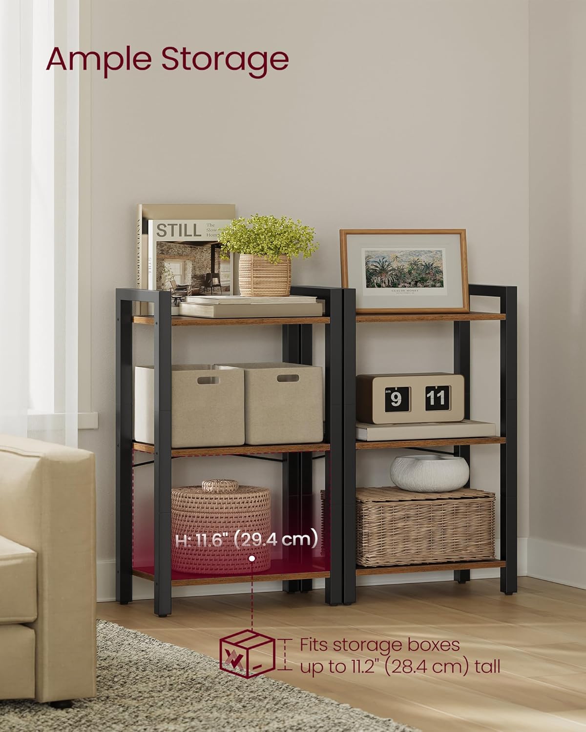 VASAGLE 3-Tier Bookshelf, Bookcase with Steel Frame, Book Shelf for Living Room, Home Office, Study, 9.4 x 15.7 x 30.1 Inches, Industrial Style, Rustic Brown and Ink Black ULLS098K02