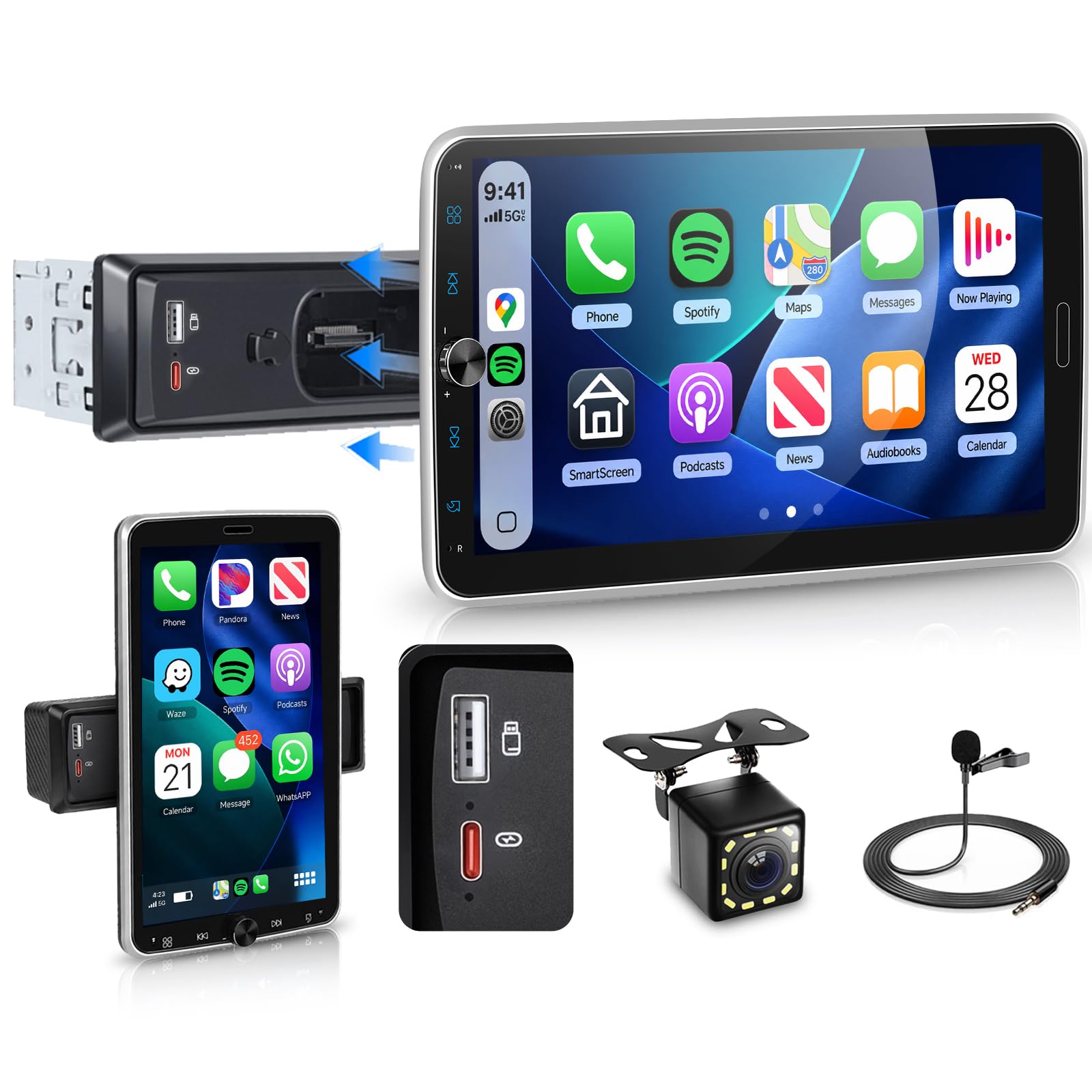Hodozzy 1 Din RDS Stereo Auto con Schermo Rimovibile e Girevole IPS da 10,1" con USB Tipo C, Wireless CarPlay e Android Auto Autoradio con Bluetooth 5.2/EQ/SWC + Telecamera Posteriore