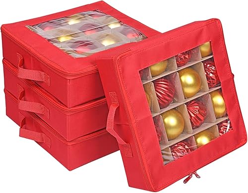 ProPik 4 cajas de almacenamiento de adornos de Navidad con divisores parte superior transparente cierre de cremallera y asas 4 bandejas individuales