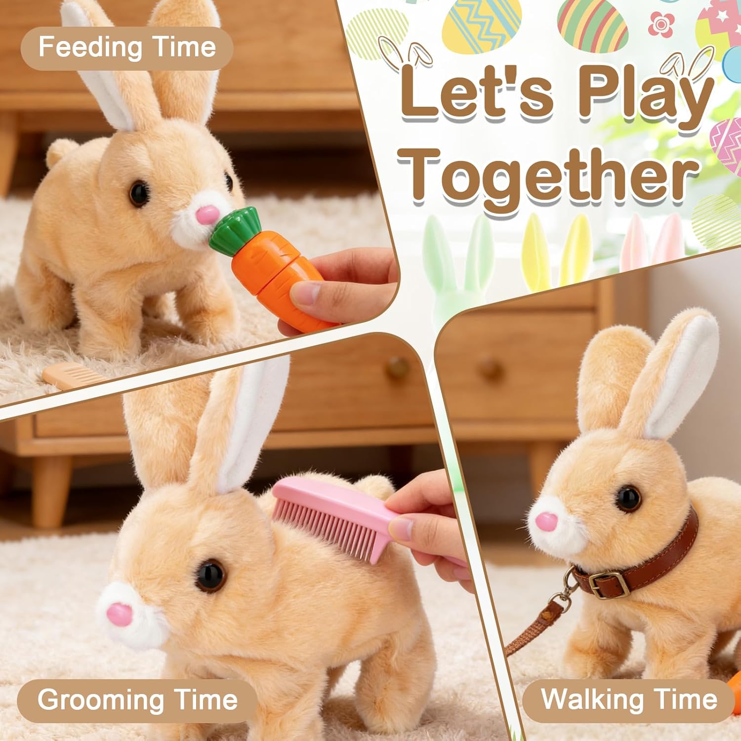 Realistic Bunny Toy, Easter Bunny Plush, Interactive Hopping Bunny Toy with Carrot, Stuffed Bunny with Sounds, Wiggling Ears, Mouth, Nose, Easter Basket Birthday Gift for Kids Girls Boys (Brown)