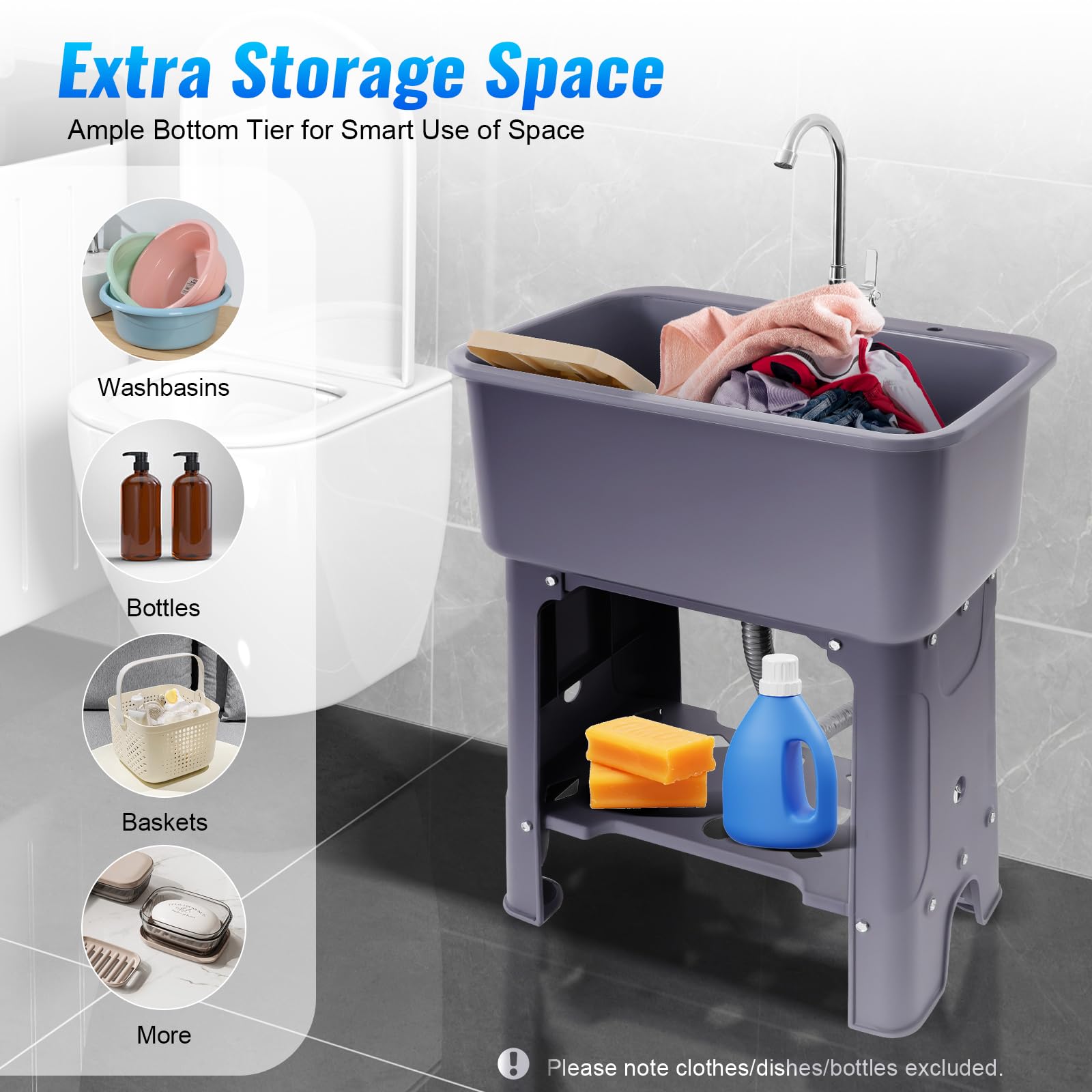 Lavabo - 60 x 40 x 76,5 cm - Pour buanderie commerciale, jardin, garage, cave, atelier, buanderie, lavabo extérieur avec robinet, planche à laver - Gris