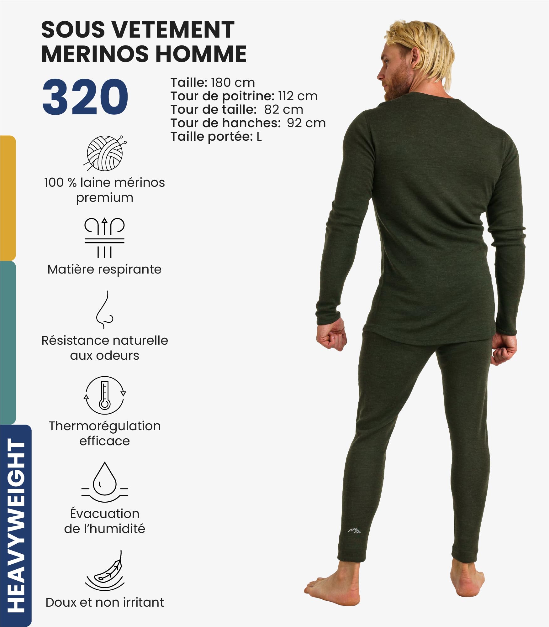 Merino.tech 100% sous Vetement Merinos Homme - Haut et Bas + Chaussettes (Large, 320 Army Green)