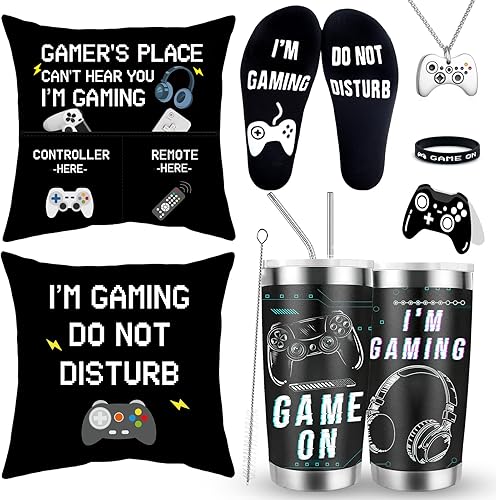 GOAUS Valentines Day Gamer Gifts Set, Gaming Socks, 20 oz Tumbler, Pillow Cover 18x18 inch, Necklace, Bracelet, Gift Card for Teen Boys Men Teenagers Him