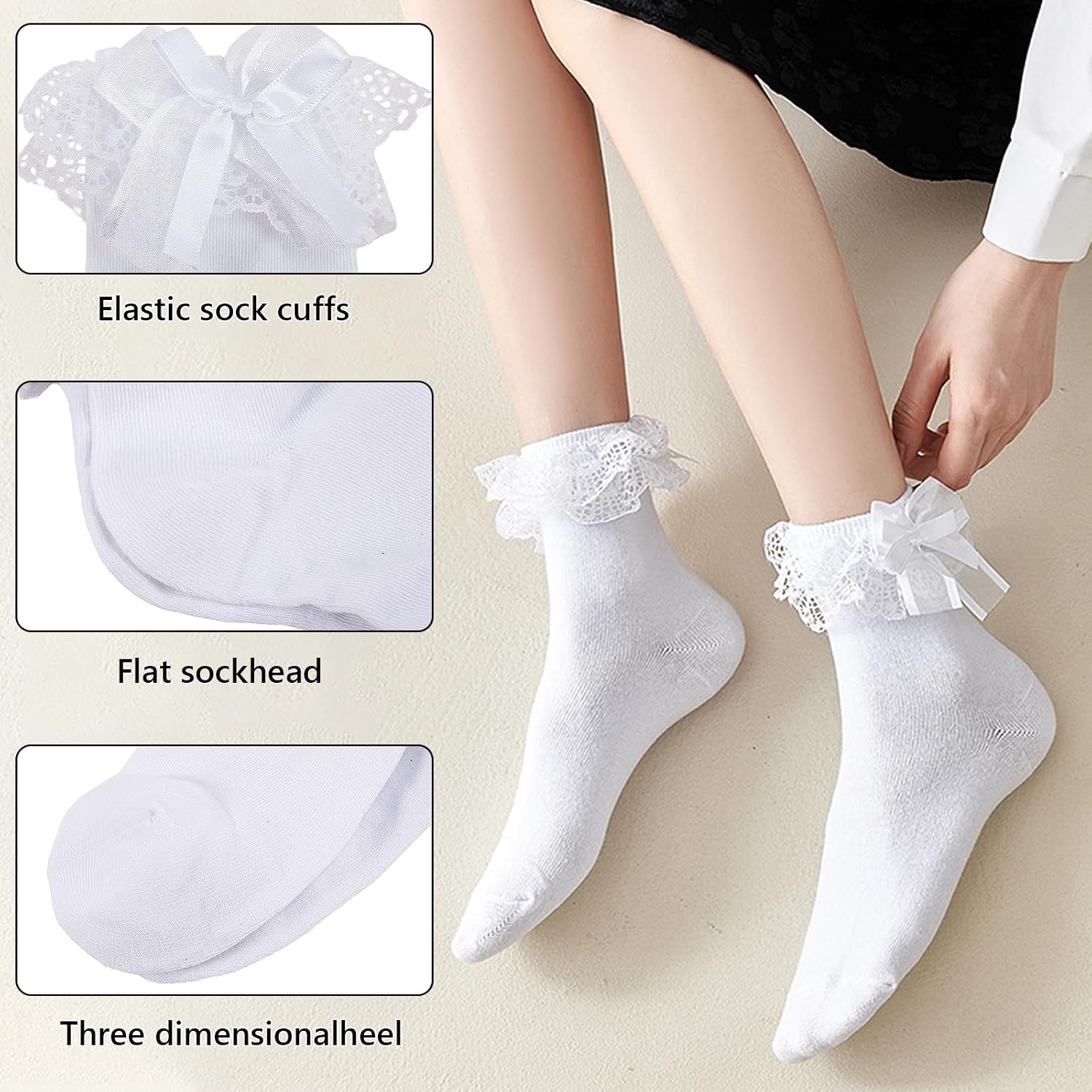 Womens Ruffle Socks with Bow Cute Frilly Lace Ankle Socks Adult Fancy Dress Sock Princess Lolita Bobby Sock Big Girls