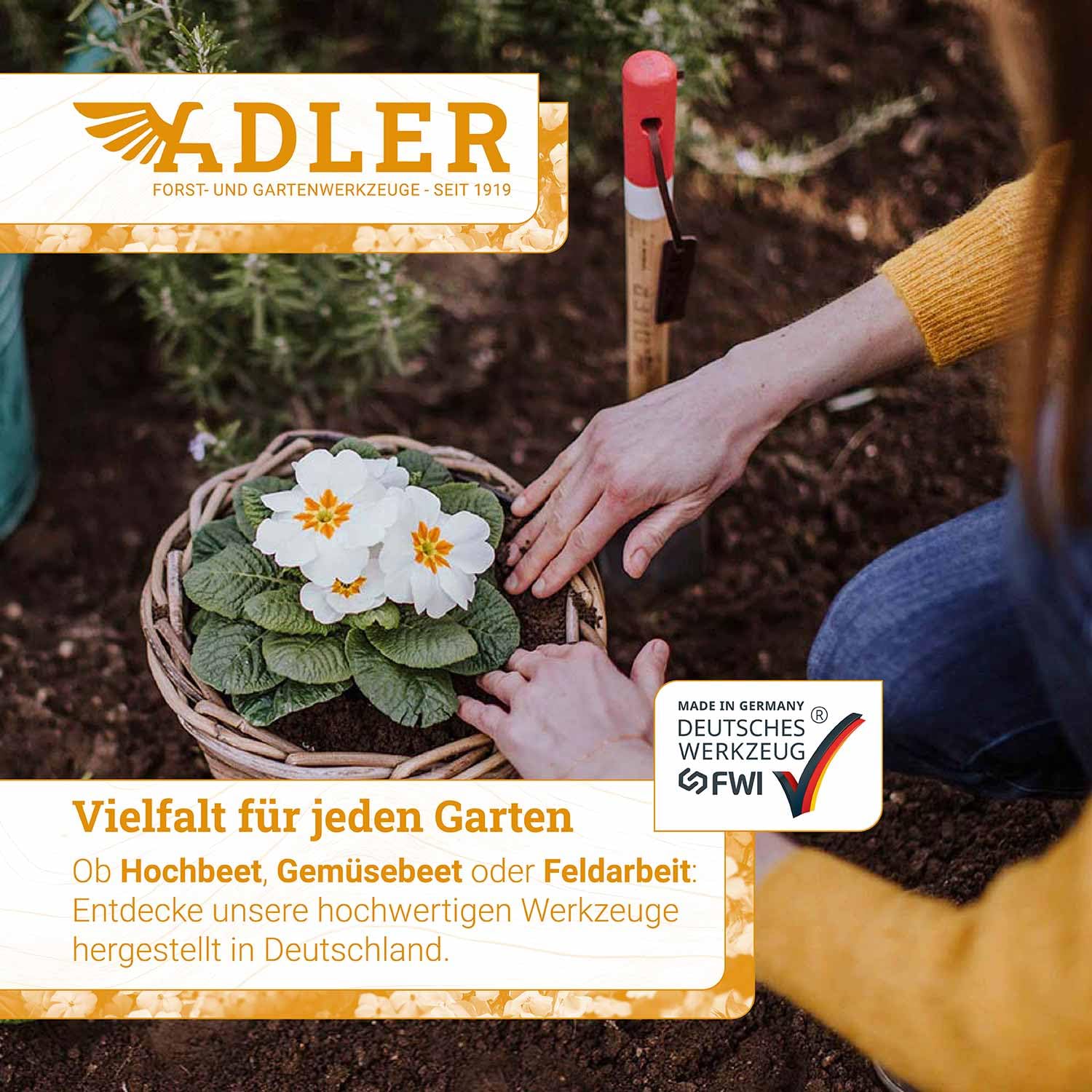 ADLER Mary Handrechen Gartenrechen Eschenstiel Hochbeet Grün 45 cm | Geschmiedeter C45-Kopf mit fünf Zähnen zum Harken und Auflockern Made in Germany