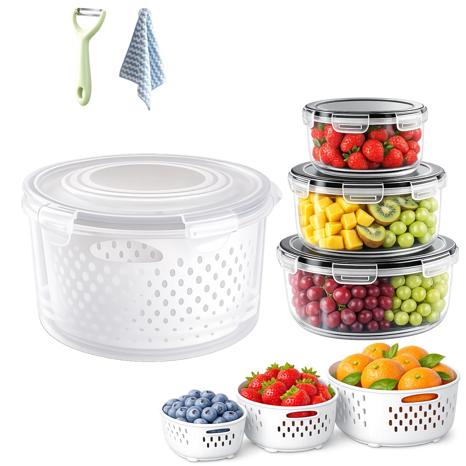 4-in-1 Produce Storage Containers, Fruit Storage Containers for Fridge with Removable Colander & Lid, Airtight Plastic Food Box with Drain Basket for Vegetable & Kitchen Organization (Round,S)