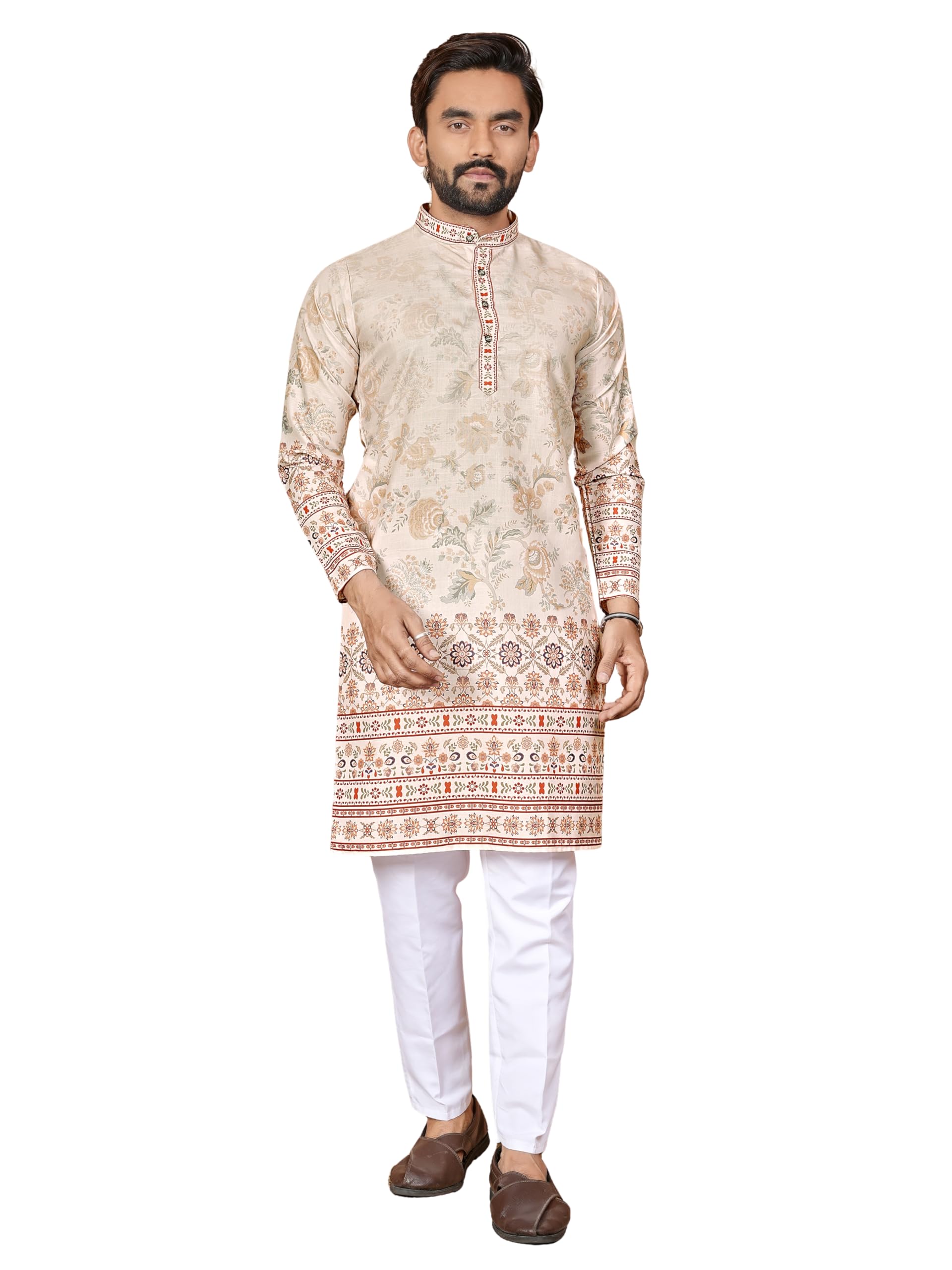 krijet Yellow Floral Foil Printed Linen Cotton Designer Ethnic Kurta for Men – Wedding Festive-picture-23