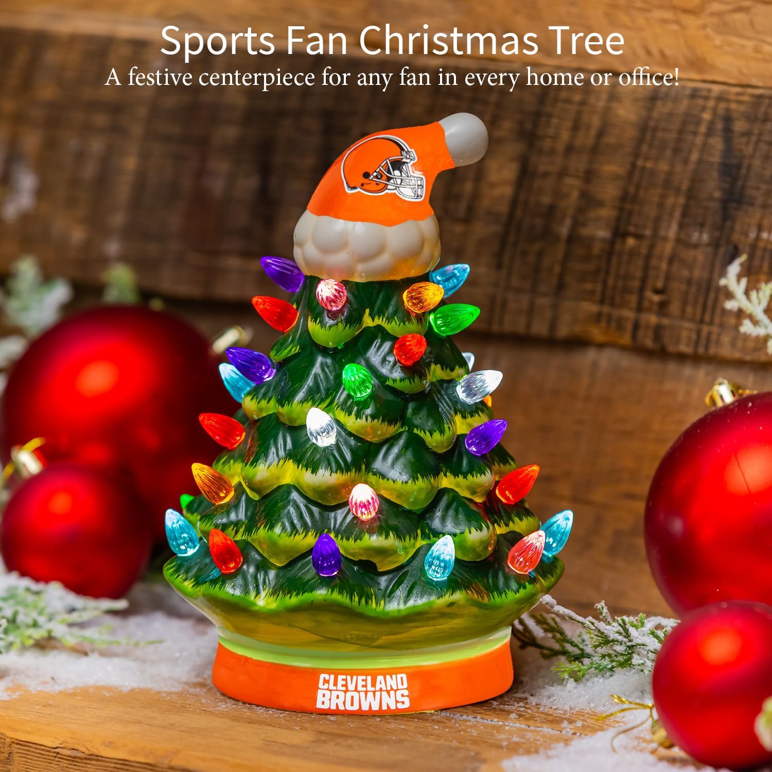 NFL Cleveland Browns Ceramic Christmas Trees That Light Up | 8" LED Vintage Christmas Tree | Officially Licensed Team Logo | Tabletop Decorations for Home