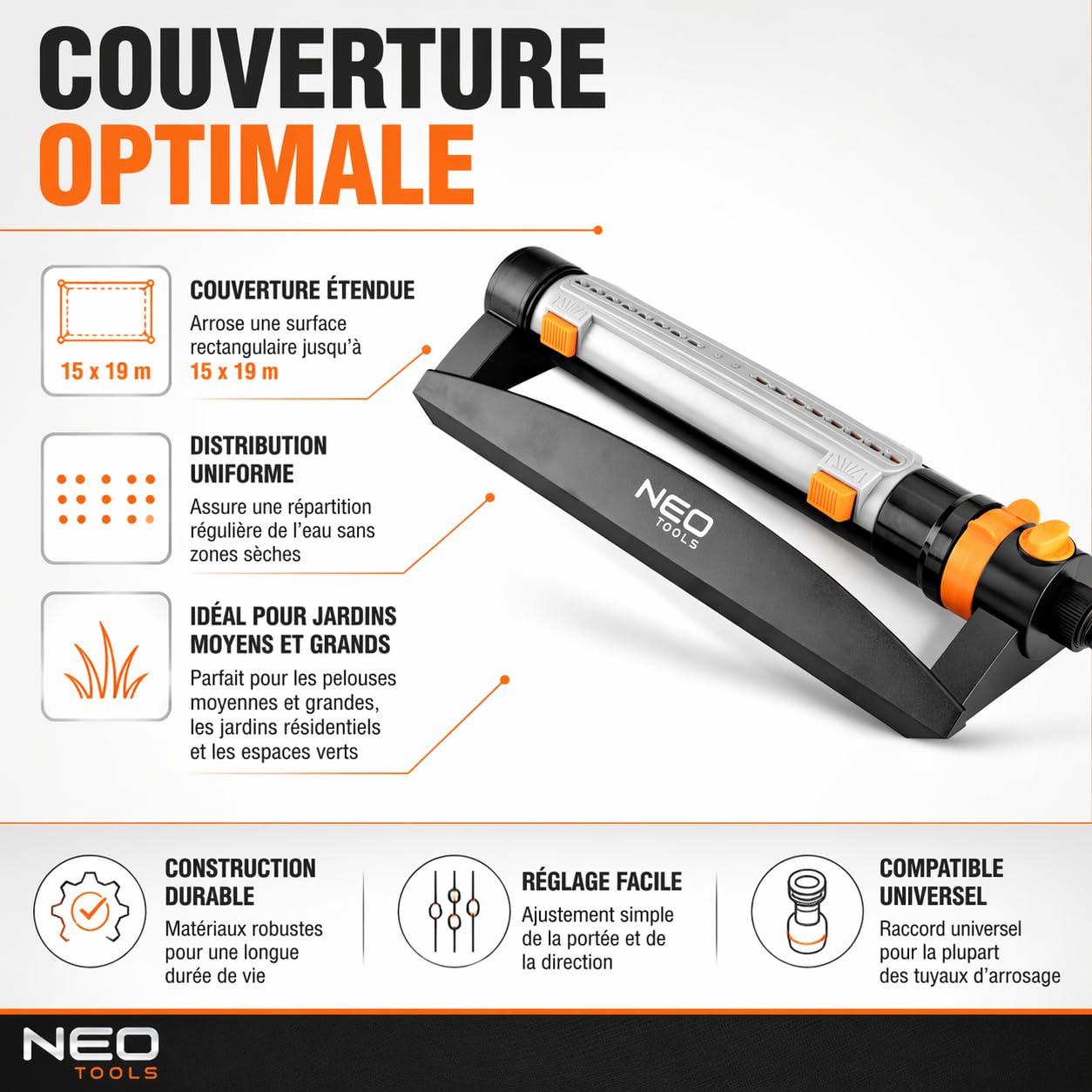 NEO TOOLS Arroseur oscillant de Jardin 18 Buses, Surface d’arrosage Jusqu’à 15 x 19 m, réglage précis de l’Angle et de la Largeur, Cadre Robuste en Plastique