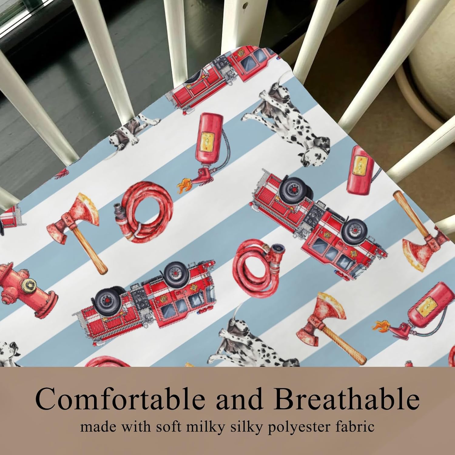 Cute Firetrucks Dogs Fitted Baby Crib Sheet for Boys Girls 52x28Inch Red Truck Dog Fitted Crib Mattress Cover for Standard Crib and Toddler Mattress Rescue Vehicles Bed Sheet Stripe