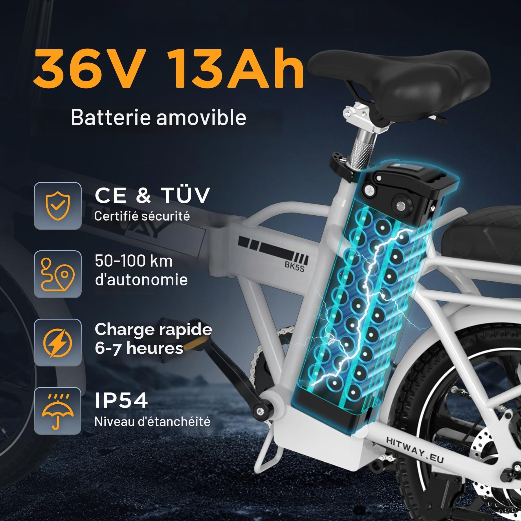 HITWAY Vélo Électrique Pliable 16", 36V 13Ah Batterie Amovible E-Bike,pedelec