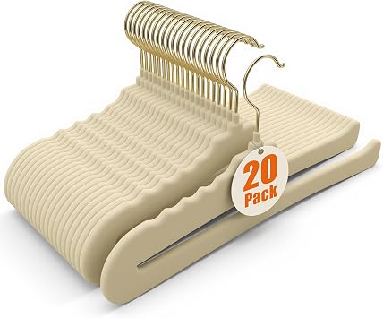 Flottian 20 Pack Velvet Pants Hangers - Open Ended Non-Slip Heavy Duty Closet Organizers with 360 Swivel Hook, Space-Saving Felt Hangers for Pants, Jeans, Dresses & Towels, Beige