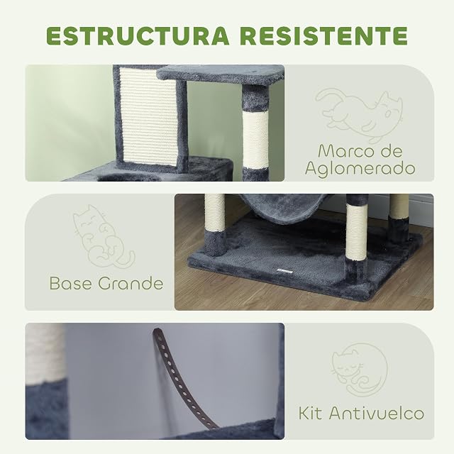 Foto 4 de 8 de PawHut Rascador para Gatos Grande Altura 206 cm Cuevas Hamacas Gris Oscuro