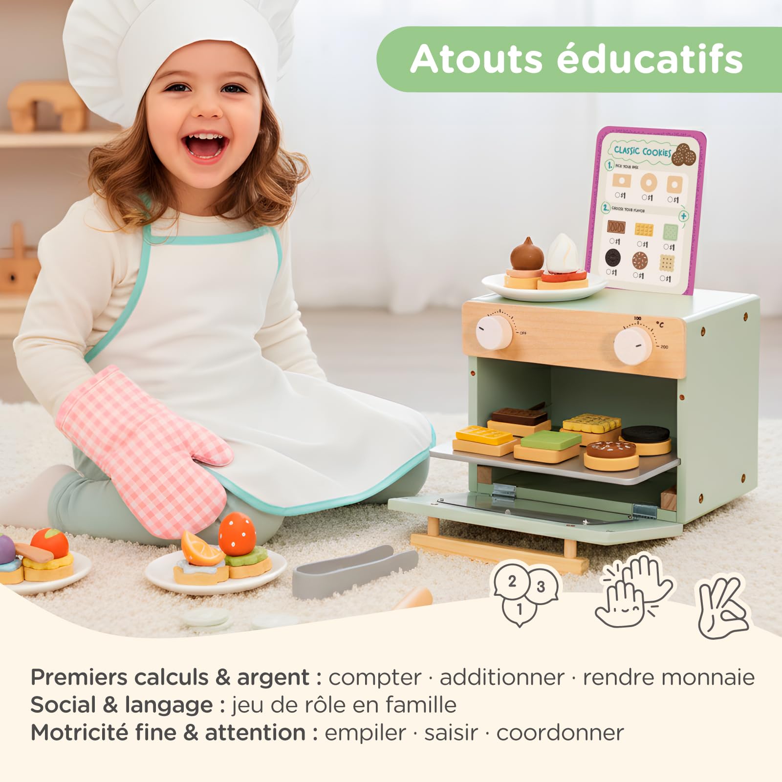 Nene Toys Pâtisserie de Biscuits en Bois pour Enfants dès 3 Ans – Coffret Complet avec Mini Four, Menu, Biscuits & Argent Factice – Jeu d’Imitation Éducatif & Premiers Calculs – Cadeau 3–6 Ans