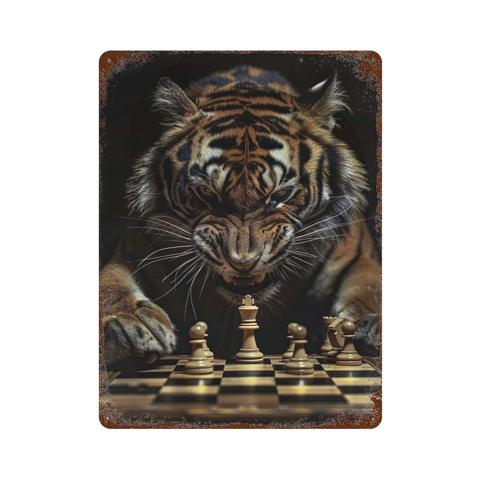 Vintage Rust Metal Sign Tiger Chess 15.7"x11.8", Decorative Metal Wall Art for Basement, Hobby Room And Garage Decor