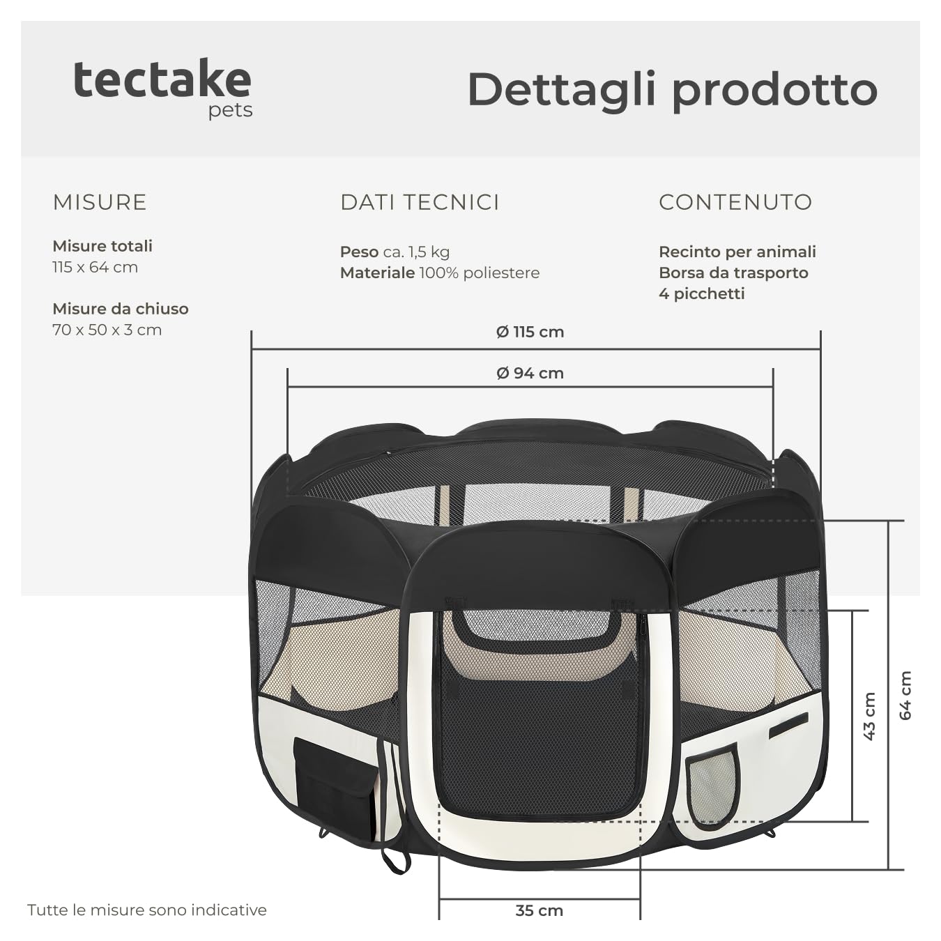 tectake® Box per Animali in Poliestere, Tenda Box per Cani, Recinto per Piccoli Animali, Struttura in Acciaio, Facile da Montare con Sistema Pop-Up, Borsa per Trasporto Inclusa - Nero