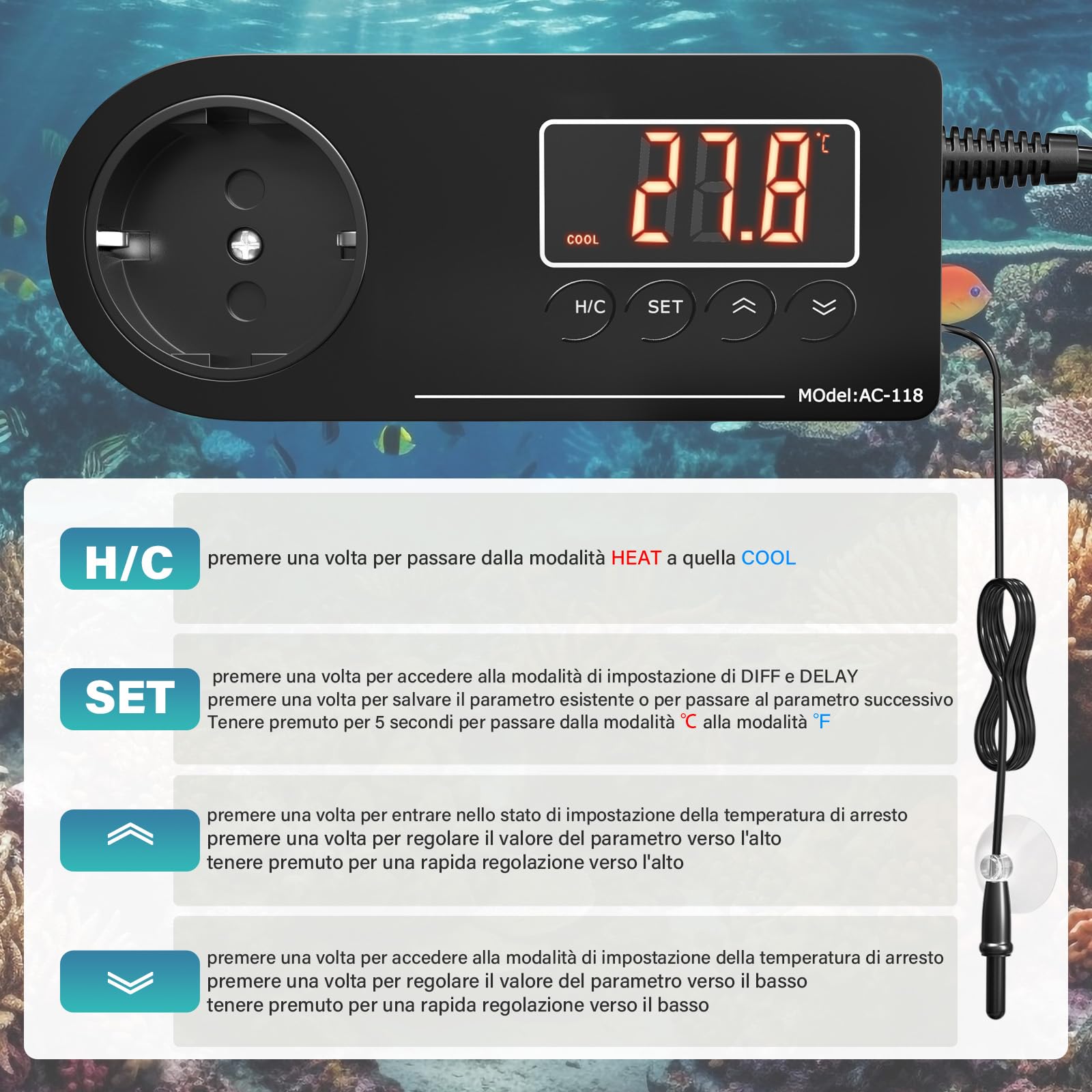 GlowUp Termostato per Terrari 220V Regolatore di Temperatura della Presa EU Plug con Sensore Digitale Termostato Controllo della Temperatura per Serre, Rettili, Acquari, Incubatori ECC (1Pcs)